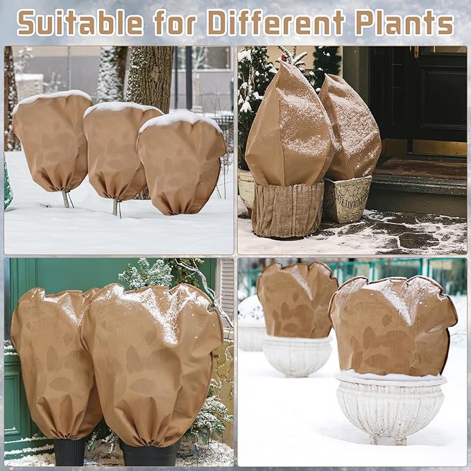 12 Pcs Winter Plant Covers Freeze Protection Reusable Plant Protector Bag with Drawstring Warm Shrubs Cover Frost Protection Planting Jacket Bags for Outdoor Garden, Brown (31.5 x 47.2 Inch)