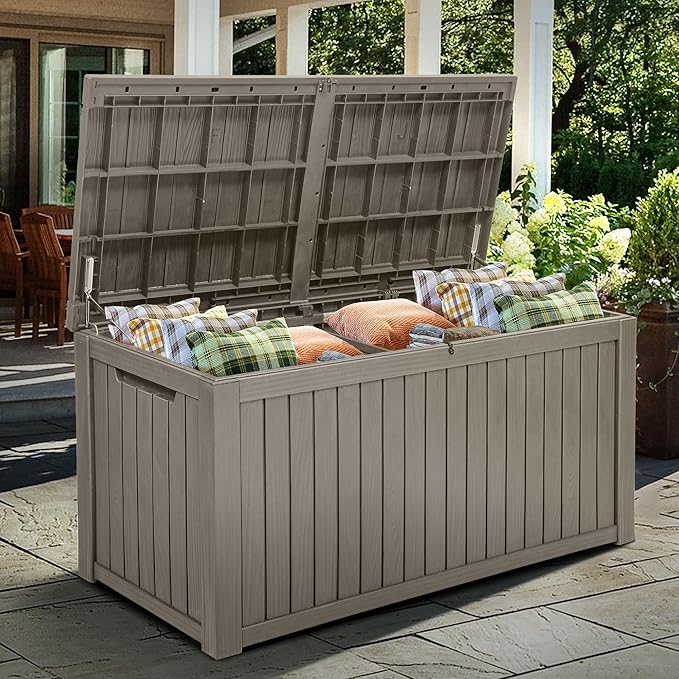 YITAHOME 180 Gallon XL Outdoor Storage Deck Box with Divider, Waterproof & Lockable, Ideal for Patio Furniture and Garden Tools, Resin-Built, Wood-Like Texture, Brown