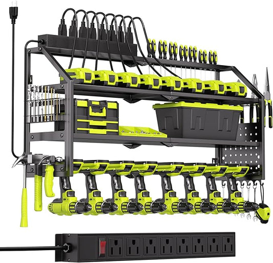 Power Tool Organizer Wall Mount with Charging Station, 8 Drill Holder with 8-Outlet Power Strip, Garage Cordless Drill Storage and Organization, Battery Utility Rack
