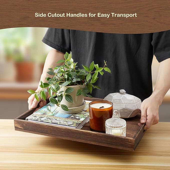 17 Inch Burnt Wood Serving Tray with Handles, Large Wooden Tray for Ottoman, Breakfast in Bed, Coffee Table, Dinner, Rectangular Tray for Living Room Bedroom Entryway and Kitchen