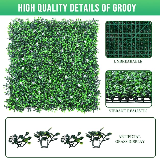 24PCS Grass Wall Panel with Flowers, 20x20inch Boxwood Panels, Grass Backdrop of Covering 66.66SQFT, UV Protected Wall Backdrop for Outdoor Garden and Indoor Home Wedding