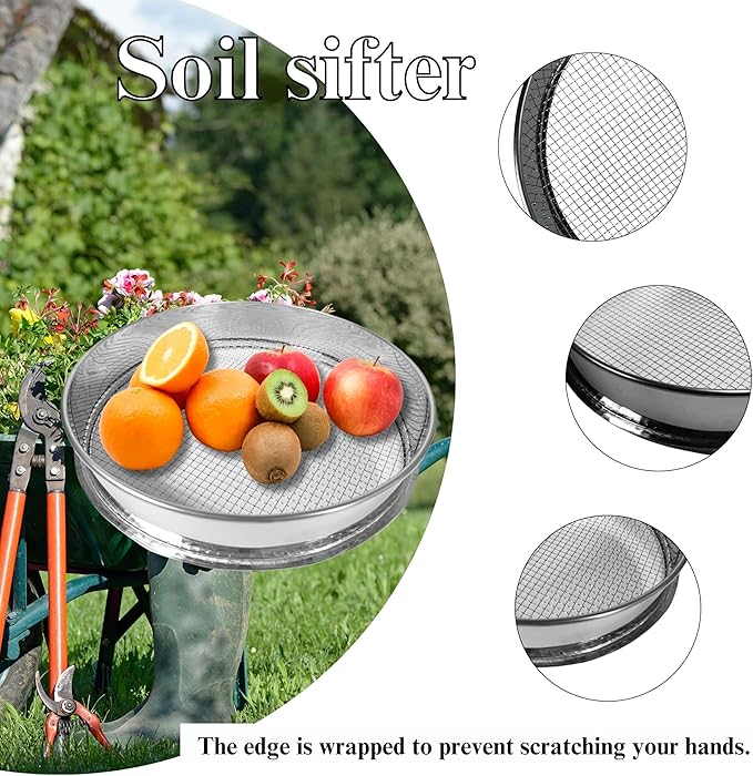 3PCS Soil Sifter Set with 0.04”,0.1”,0.2” Mesh, for Sifting Soil, Sand, Rock and Compost