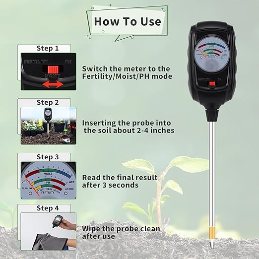 3-in-1 Soil Test Kit, Soil Moisture Meter/Soil pH Meter/Soil Fertility Tester, Soil Moisture Meter for Garden, Farm, Indoor, Outdoor and Lawn Care (Bright Black)