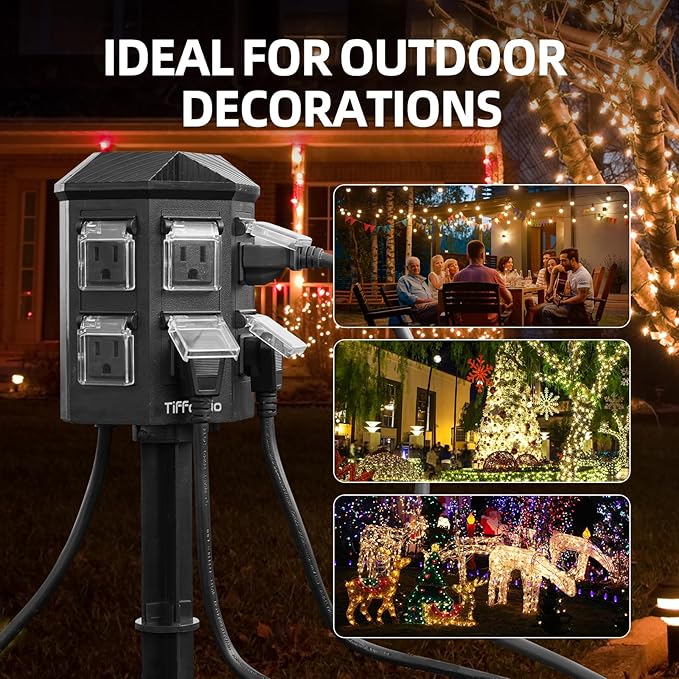 TiFFCOFiO Outdoor Power Strip Timer, Dusk to Dawn Light Sensor Countdown, 50 Feet Extension Cord Waterproof, 6 Grounded Outlets for Halloween and Christmas Decorations, ETL Listed (50 FT)