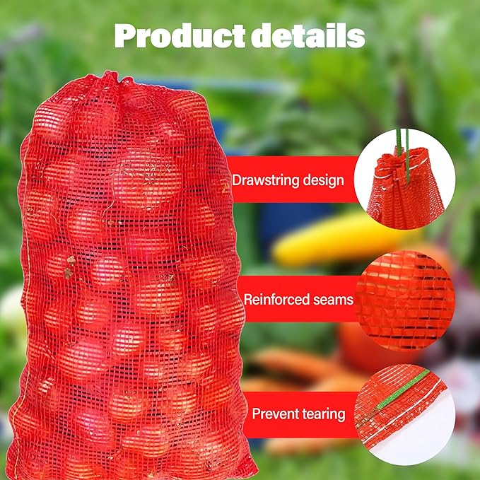 100 Pack 20'' x 14'' Mesh Onion Bags, Reusable Drawstring Fresh Produce Storage Bags for Onions, Vegetables, Potatoes, Citrus, Crawfish Firewood