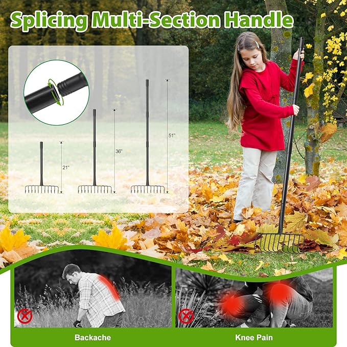 Rake, Heavy Duty Garden Rake with 11 Tines, 51 Inch Handle, 16 Inch Wide, Metal Garden Thatch Leaf Rakes for Raking Gathering Mulch,Metal Bow Rakes for Lawn Yard Bushes Pine Needles Leaves Grass