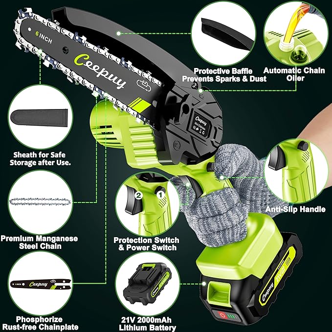 Mini Chainsaw Cordless,6 Inch Portable Electric Chain Saw, Automatic Oiler, Battery Powered Small Handheld Saw, Security Lock Trees Branches Trimming,Wood Cutting, 2 Batteries 3 Chains 2025