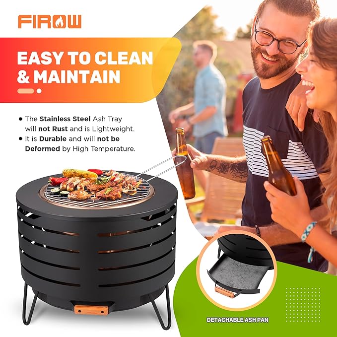 Smokeless Fire Pit, 23 Inch Fire Pit for Outside with Removable Ash Pan, Outdoor Firepit Ideal for Camping,Bonfire and Backyard, Include Fire Poker, Firepit Cover and Grill Rack