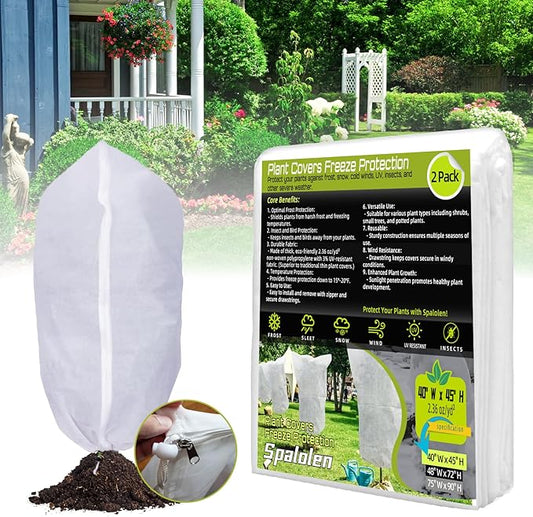 2 Pack Plant Covers Freeze Protection, 40"W x 45"H Winter Frost Blanket 2.36 oz/yd² Fabric Frost Cloth Tree Covers Shrub Jacket Bag with Zipper & Drawstring for Plants Fruit Tree Shrub Potted - White