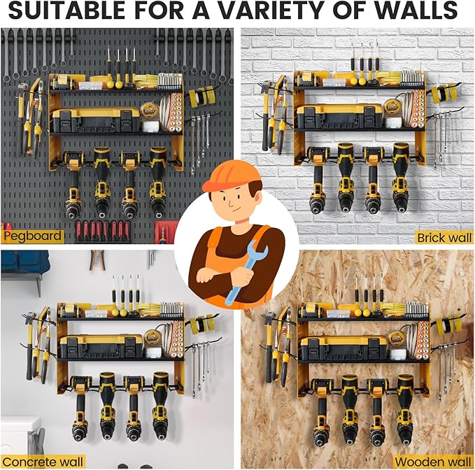 TRZZ Power Tool Organizer Wall Mount, 3-Layer Drill Holder with 2 Side Pegboards, Cordless Drill Rack with 4 Hooks, Efficient Storage for Workshop, Garage, and Tool Room (Yellow)