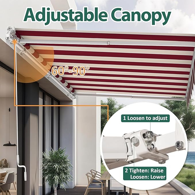 MCombo 11.5x9.5 Feet Manual Retractable Patio Door Window Awning Sunshade Shelter Outdoor Canopy,1210 (Brick Red with Beige Stripes, 11.5'(L) x 9.5'(W))