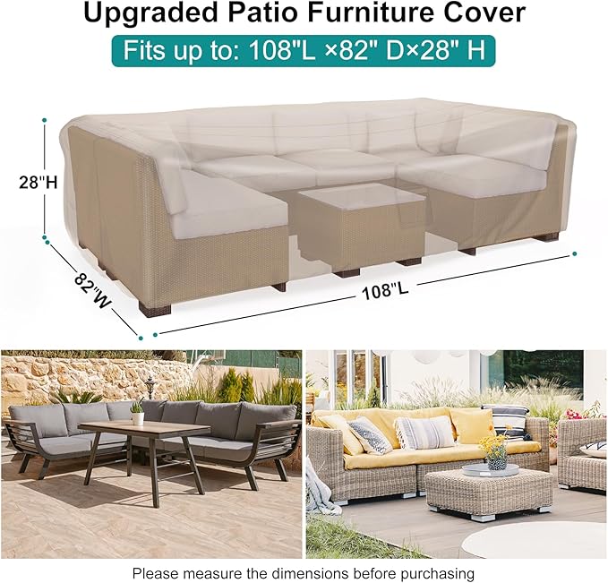 Patio Furniture Set Cover Waterproof, Heavy Duty Funiture Covers for Outdoor Sectional Sofa Set Wicker Rattan Table Chair Rectangular,108"L×82"W×28"H,Brown