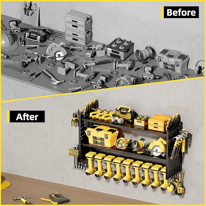 Power Tool Organizer Wall Mount with 9 Drill Holder, Cordless Tool Organizer and Storage Rack, Garage Heavy Duty Metal Shelf Organization for Battery, Tool Box, Hammer, Screwdriver（Black）