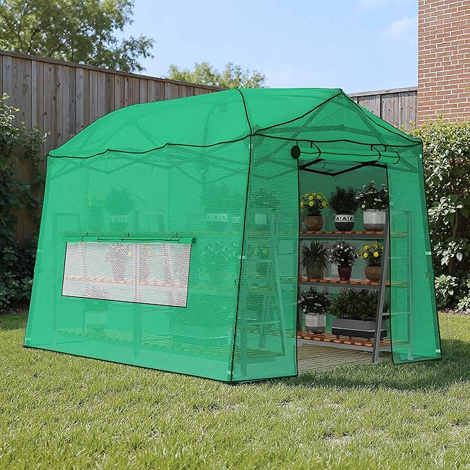 11 x 8.5 FT Walk-in Greenhouse, Portable Pop-up Green House 3 Adjustable Hights Heavy Duty Plant Gardening Canopy with Durable PE Cover for Indoor Outdoor (Clear and Green)