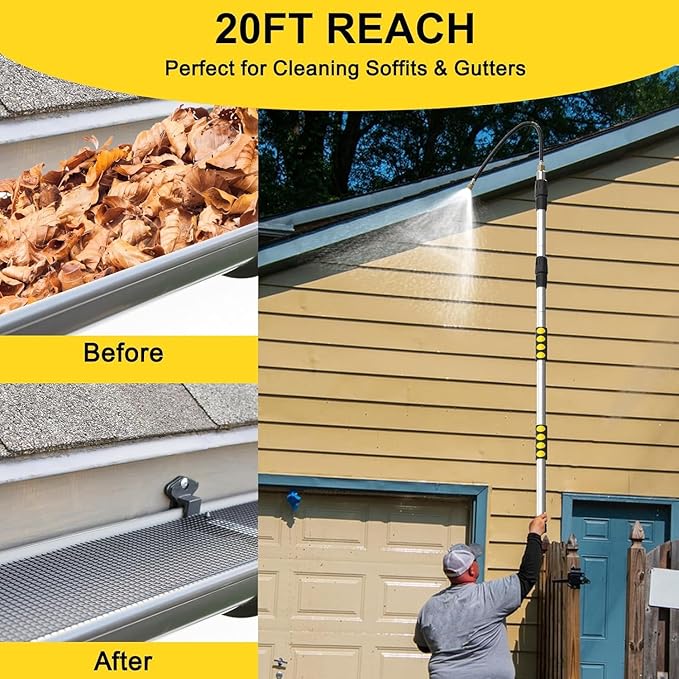 20FT Reach Gutter Cleaning Tools from Ground, Telescopic Rain Gutter Cleaners Tool with Quick Connect Adapter and Bendable Wand for 2nd Story House
