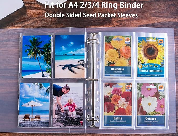 240 Pockets 3.5x5” Seed Packet Sleeves, 30 Pack Double Sided 4 Pocket Seed Organizer Sheet,Heavy Duty Garden Seeds Storage Pages for 3 Ring Binder, 8.5x11” Top Loading Clear Photo, Index Card Sleeves
