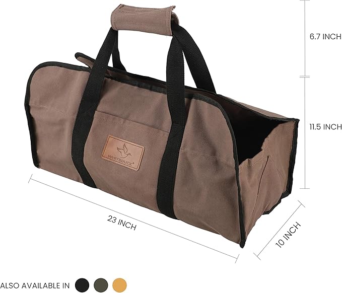 WHITEDUCK TUFF Large Firewood Carrier 21 Oz. Heavy Duty Waxed Canvas Fireplace Log Carrier Holders for Carrying Wood Indoors & Outdoor (Brown, Tote Shape (23"x10"x12"))