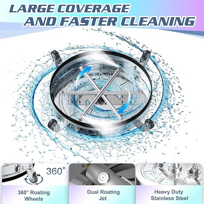 20" Pressure Washer Surface Cleaner, Stainless Steel Dual Handle Power Pressure Washer Attachment for Driveway Concrete Patio Cleaning, 4 Replacement Nozzles