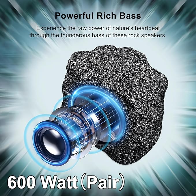 Herdio 8" Outdoor Rock Passive Speakers 600 Watt,IPX7 Waterproof,Hardwired, for Pool,Garden,Deck,Outdoor Activities (Black,Pair)