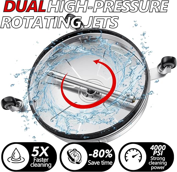 16" Pressure Washer Surface Cleaner Pro with 4 Wheels, Stainless Steel Surface Cleaner for Pressure Washer, 2 Extension Wands, Power Washer Surface Cleaner for Concrete Driveway, 3000 PSI