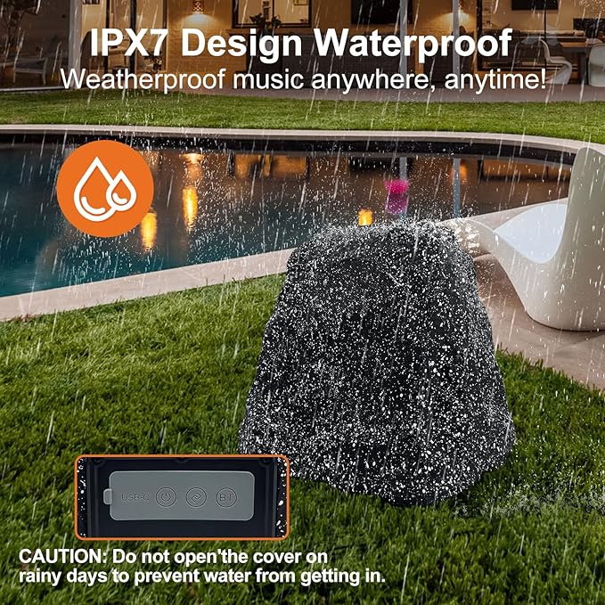 STUDIOFINIX 4" Outdoor Rock Speaker Waterproof Bluetooth Wireless Solar Powered with Rechargeable Battery for Patio, Deck, Pool, Garden(Single, Gray)