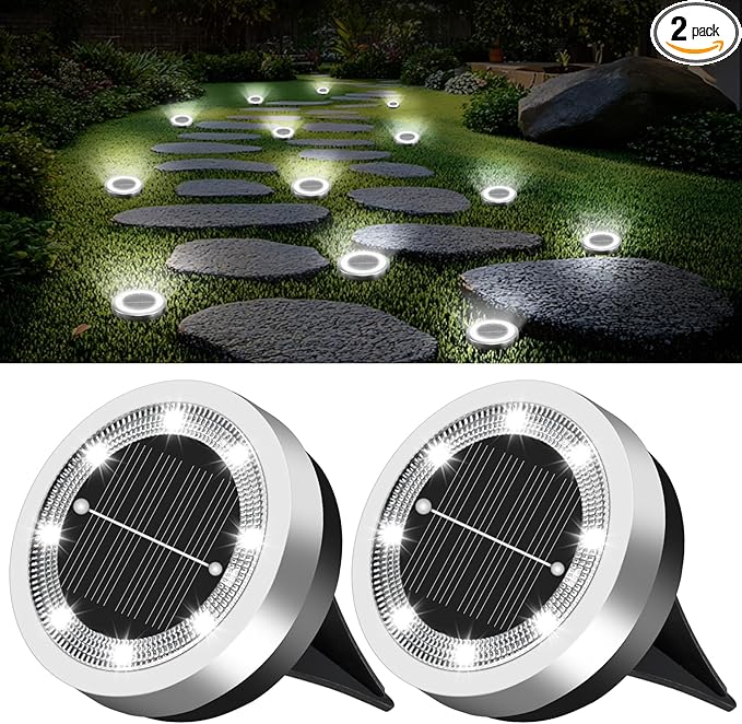 Mini Solar Ground Lights 2 Pack Outdoor IP65 Waterproof Solar Flat Garden Light Solor Powered Disc Pathway Lights for Outside Walkway Yard Landscape Patio Lawn Driveway-Cool White