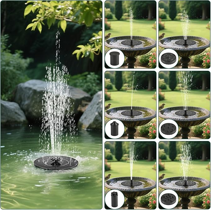 1W Solar Bird Bath Fountain Pump, Solar Fountain, Solar Powered Water Pump, Outdoor Water Fountain with 6-in-1 Nozzles, Free Standing Floating Solar Powered for Bird Bath, Garden, Pond, Pool, Outdoor