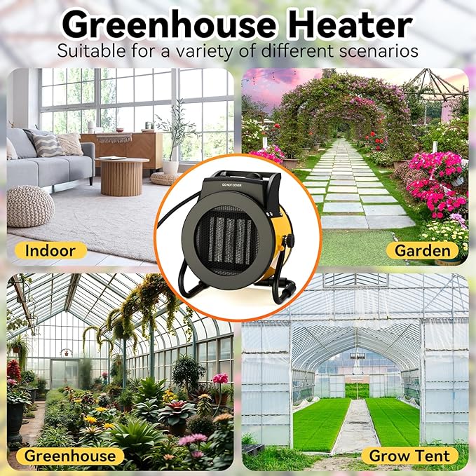Greenhouse Heater with Thermostat, Outdoor Heaters for Patio, 3 Modes for PTC Ceramic Fast Heating, Overheat Protection, IPX4 Waterproof for Greenhouse, Grow Tents, Patio, Yellow
