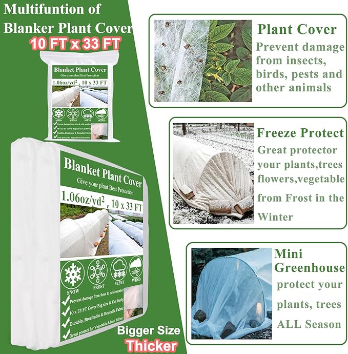 10x33FT Plant Covers Freeze Protection Kit, Garden Hoops Kit for Winter, Frost Cloths Plant Blanket Floating Row Cover for Winter Outdoor, Greenhouse Garden Hoop for Raised Bed Snow Protection