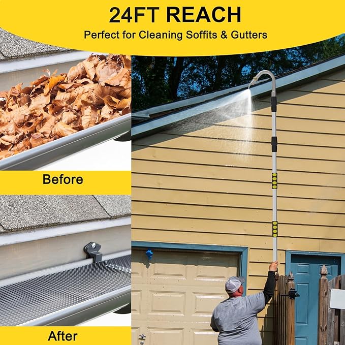 24FT Reach Gutter Cleaning Tools from Ground, Telescopic Rain Gutter Cleaners Tool with Quick Connect Adapter and Heavy Duty Wand for 2nd Story House