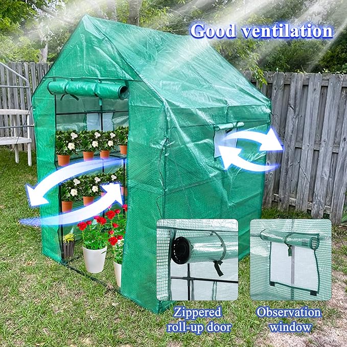 Greenhouses for Outdoors, PE Walk in Greenhouse with 2 Side Mesh Windows, Portable Green House with Anchors & Ropes Stands Up to Wind, 56"x56"x78"Green