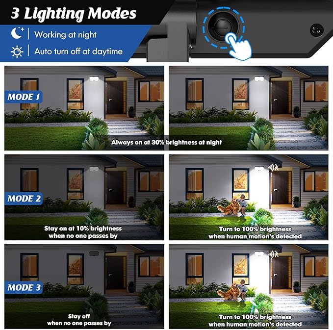 Solar Outdoor Lights, Motion Sensor Dusk to Dawn Wall Lights Waterproof, LED Outside Solar Powered Security Flood Light Fixtures 3 Modes with 16FT Cable for Front Door Porch Shed Barn Garage, 2 Packs