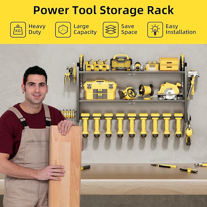 Power Tool Organizer Wall Mount with 9 Drill Holder, Cordless Tool Organizer and Storage Rack, Garage Heavy Duty Metal Shelf Organization for Battery, Tool Box, Hammer, Screwdriver（Black）