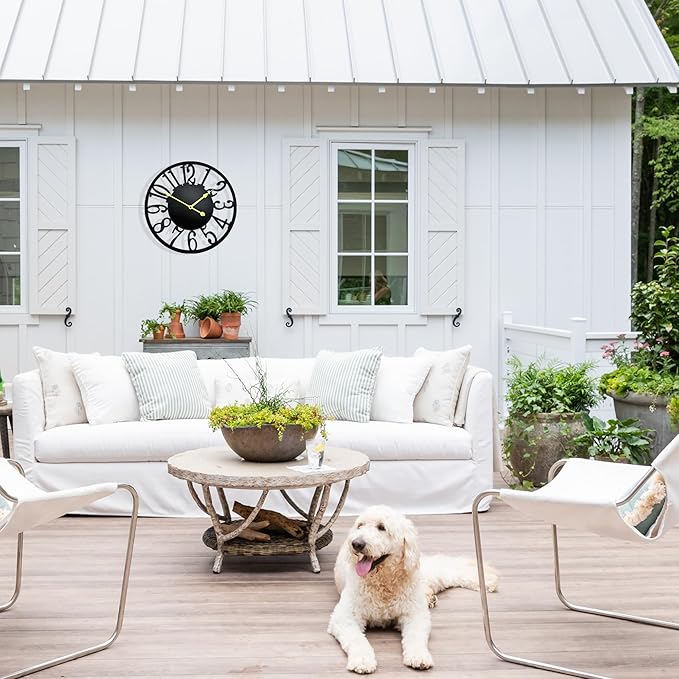 16 Inch Large Outdoor Clock, Silent Battery Operated Modern Wall Clock, Black Metal Decorative Clock for Patio, Porch, Pool Area, Farmhouse, Living Room