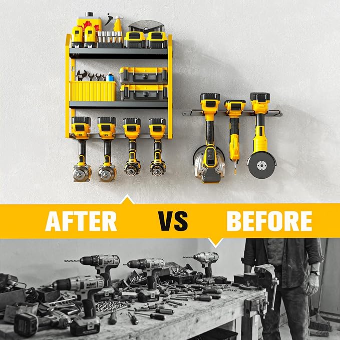 Power Tool Organizer Wall Mount with Extra Drill Holder, Yellow & Black Garage Storage Combo with Battery Storage, 4 Drill Slots Total, Heavy Duty Steel Tool Rack for Workshop Garage