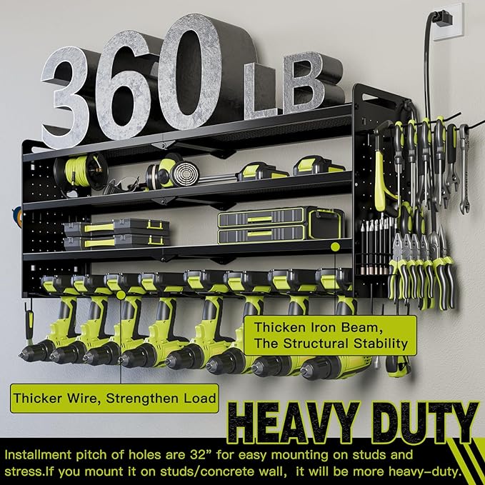 Power Tool Organizer Wall Mount with Charging Station,Cordless Tool Organizer 8 Drill Holder, 4 Layer Storage Rack for Garage Organization,Tool Holder with 8 Outlet Power Strip (Black)