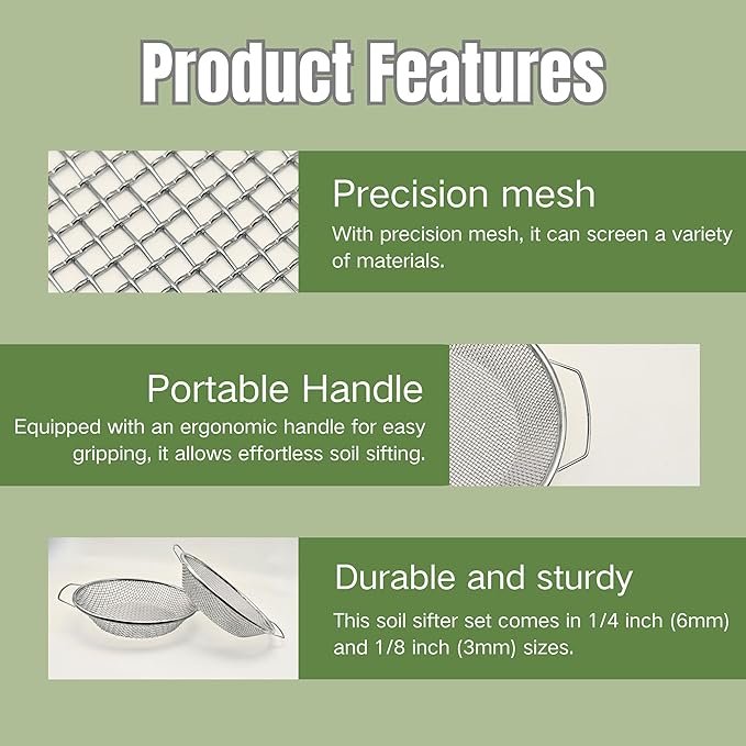 2PCS Soil Sifter for Gardening, Rock Sifter for 5gallon Bucket, Dirt Sifter Compost Sifter, Sifter for Gravel Sawdust Vermicompost, 3mm, 6mm Soil Sifter with Handle