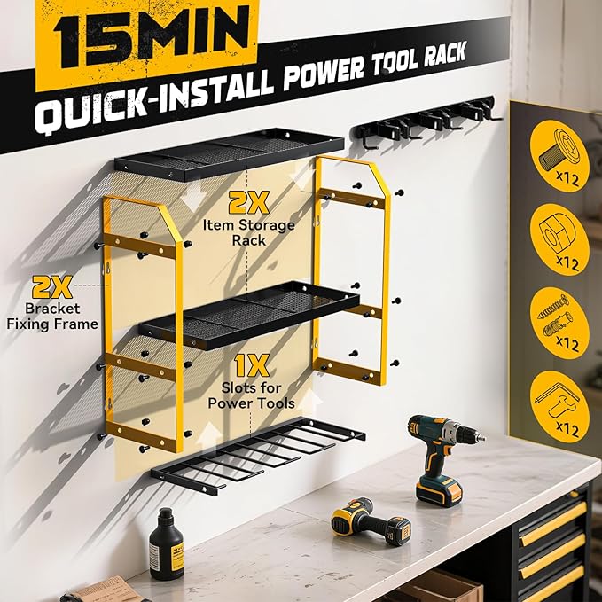 Power Tool Organizer Wall Mount with Broom Holder Combo, Yellow & Black 3-Tier Garage Storage Rack with Battery Storage, 4 Drill Holder Slots, Heavy Duty Steel 150LB Capacity