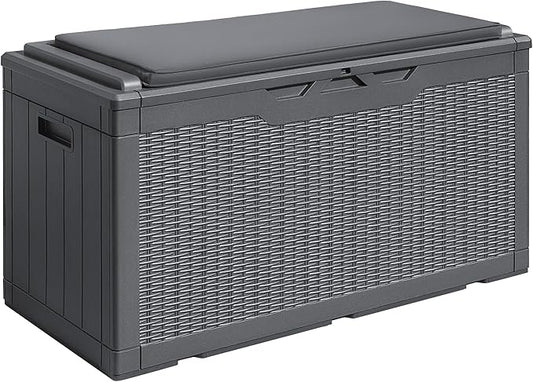Devoko 100 Gallon Waterproof Large Resin Deck Box Outdoor Storage Box Indoor Lockable Storage Container with Cushion for Patio Furniture Garden Pool Cushions (Grey)