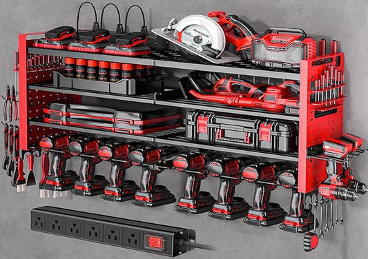 Heavy Duty Power Tool Organizer Wall Mount with Charging Station, Large Garage Organization with 10 cordless Drill Holder, 4 Layers Tool Organizers and Storage, Tool Rack with 6 Power Strip, Red