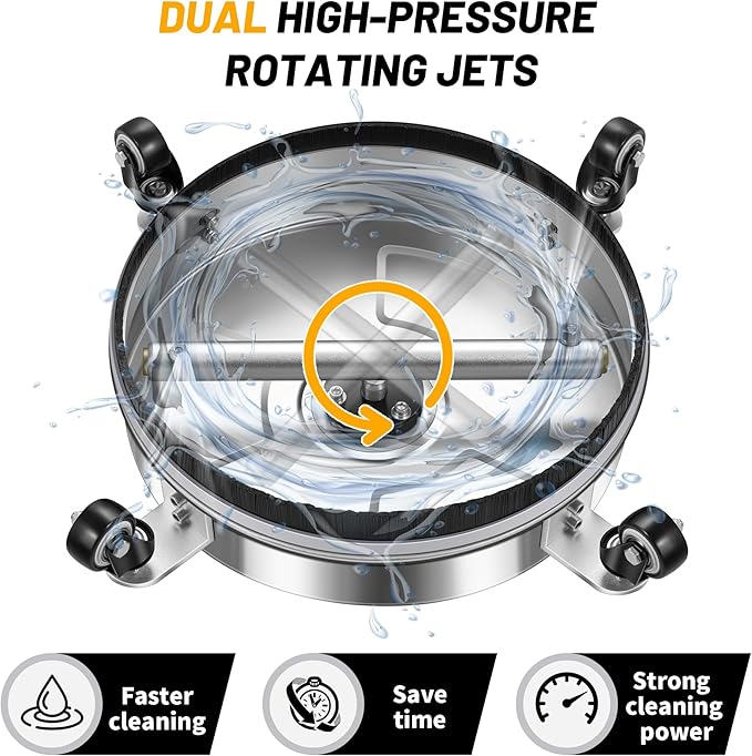 14" Pressure Washer Surface Cleaner with 4 Wheels - Stainless Steel Surface Cleaner for Pressure Washer Attachment for Concrete, Patio, Sidewalk, Deck and Driveways - PWS14