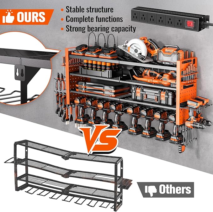 Heavy Duty Power Tool Organizer Wall Mount with Charging Station, Large Garage Organization with 10 cordless Drill Holder, 4 Layers Tool Organizers and Storage, Tool Rack with 6 Power Strip,Orange