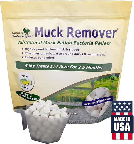 Muck Remover Pellets 5 lb (10 Scoops) | Pond Tablets Treat 1.25 Acres | Lake Muck Remover, Pond Sludge Reducer | Farm Pond Treatment