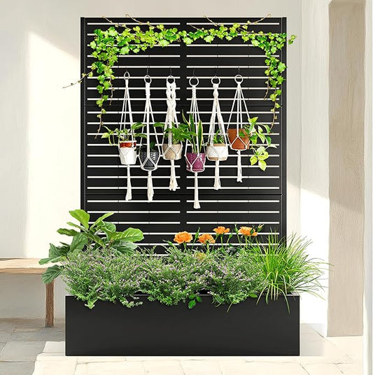 Metal Planter Box with Trellis Raised Garden Bed with Trellis 71"x47"x16", Trellis with Planter Box & Privacy Screen, Metal Planter Box for Climbing Plants, Vegetable, Vines(Black, Louvered)