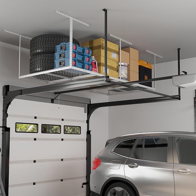 FLEXIMOUNTS 4x8 Overhead Garage Storage Rack, Adjustable Organization System, Heavy-Duty Metal Ceiling Racks, 750lbs Weight Capacity, White