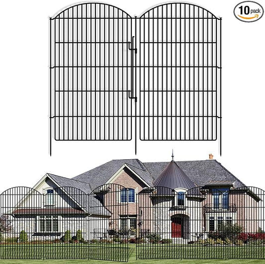 10 Panels Decorative Garden Fence with Lock, 48in (H) x 24ft (L) No Dig Dog Animal Barrier for Outdoor Yard, Rustproof Ground Stakes Metal Fencing for Yard, Patio, Flower Bed