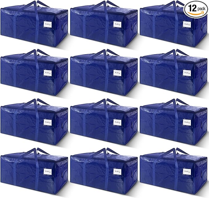 12 Pack Extra Heavy Duty Large Moving Bags with Strong Zipper & Carrying Handles, Sturdy Clothes Storage Bags Totes Bins, Packing Bag Move Boxes College Moving Supplies, Dark Blue - 24 gal
