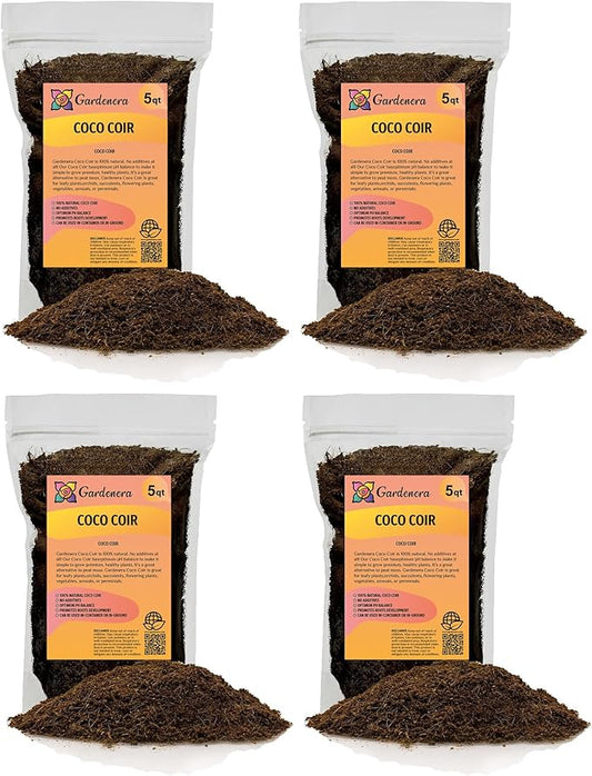 Premium Organic Coconut Coir Mix for Home Gardening - 20 Quart - All Natural Soil Amendment - PH Balanced and Double Washed Coco Coir by Gardenera (4 Bags of 5 Quart)
