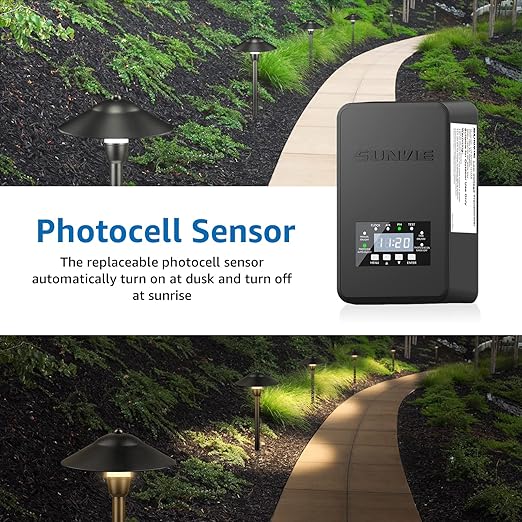 SUNVIE 120W Low Voltage Transformer Outdoor Landscape Lighting Transformer with Timer and Photocell Sensor Waterproof 120V to 12V/14V AC Low Voltage Landscape Transformer for Spotlight Pathway Lights