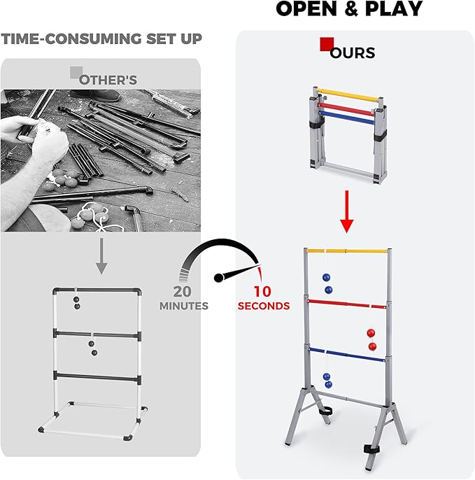 Outdoor Games Ladder Ball Set - Patented Assembly Free Portable Ladder Toss - Steel Frame Includes Carrying Case, 6 Bolas and Scoresheet